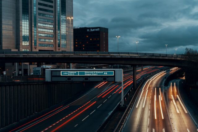 A motorway at night.